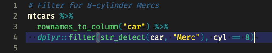 Some liens of code that are syntax-highlighted, where functions, strings, comments and package names are in different styles.