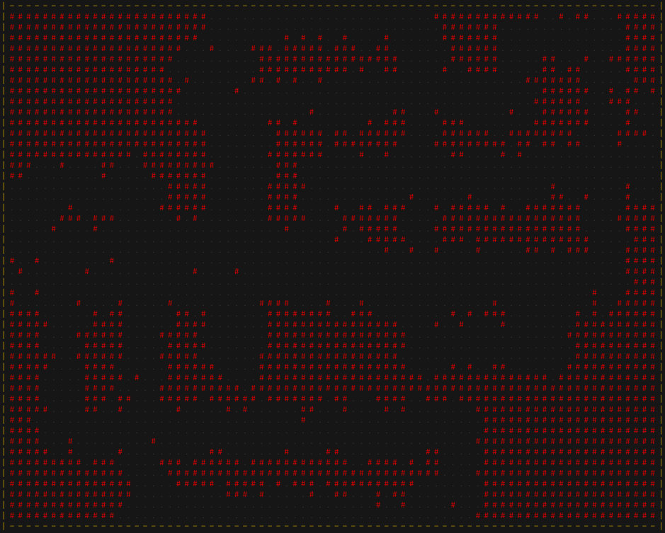 A dungeonlike map made from ASCII characters. Cave tiles are marked with a period and are black. Rock wall tiles are marked with red hashmarks. The outer boundary wall is made of yellow hyphens and pipe symbols. The corridors snake around, but are fully connected. There are some dead ends.